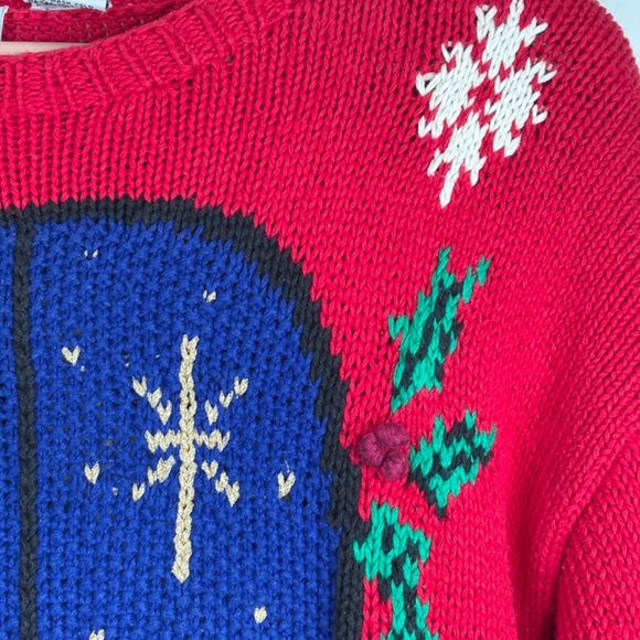 VTG 90s Lecomte Hand Knit Christmas Sweater M Teddy Bear AOP 3D Knit Red Granny - Picture 4 of 10